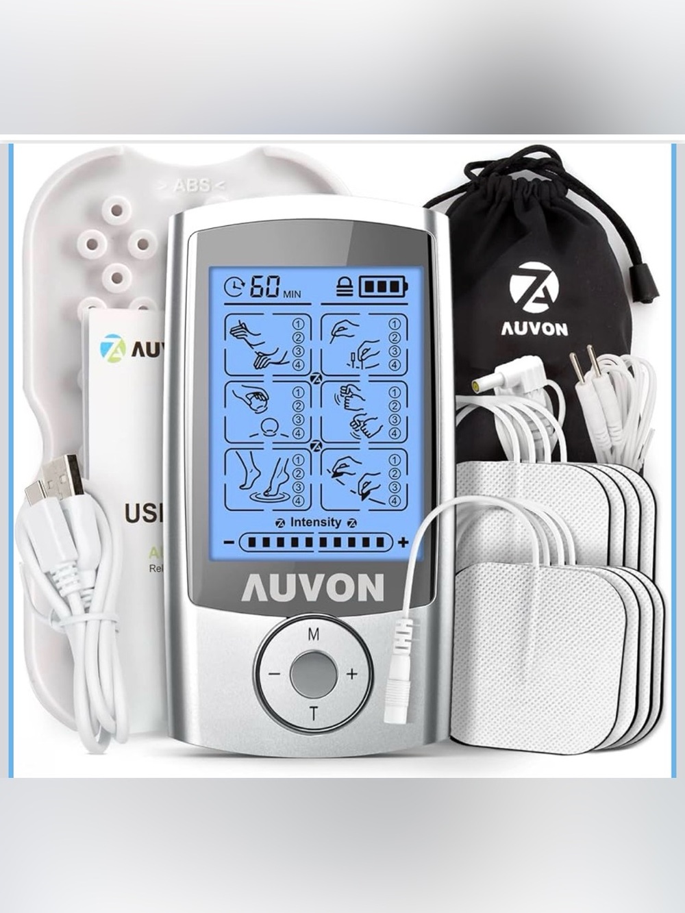 Auvon Silver TENS Unit with Electrode Pads - Silver